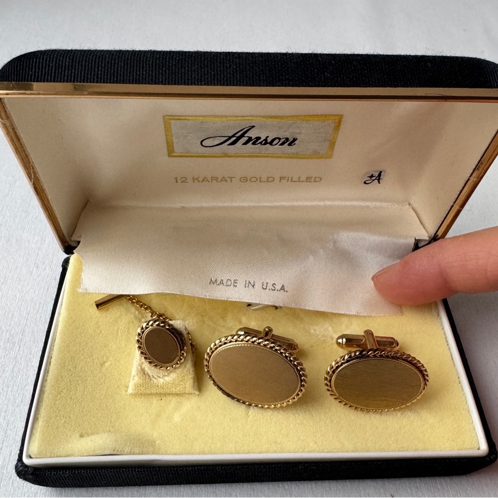 Vintage Anson 12K GF Cufflinks & Tie Tack Chain Set Mens Gold Tone Oval